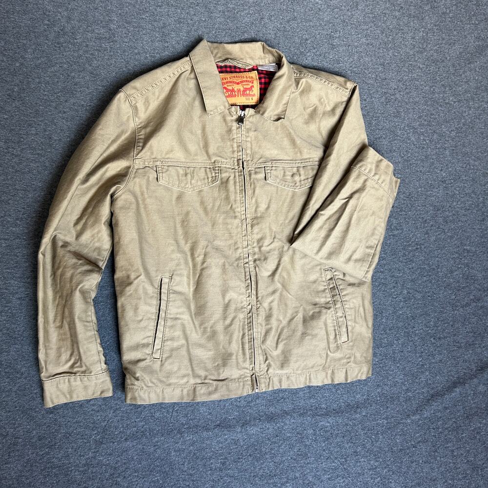 Levi Strauss & Co khaki cotton zip up jacket, buffalo plaid lining, S